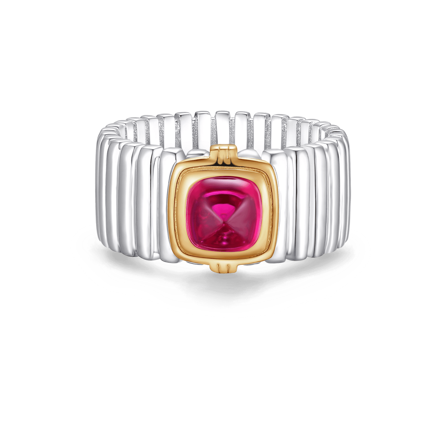 Exquisite 4-carat sugarloaf cabochon ruby ring, featuring a vintage-inspired cut, bezel-set main stone, and polished gold tone accents with delicate ribbed detailing.