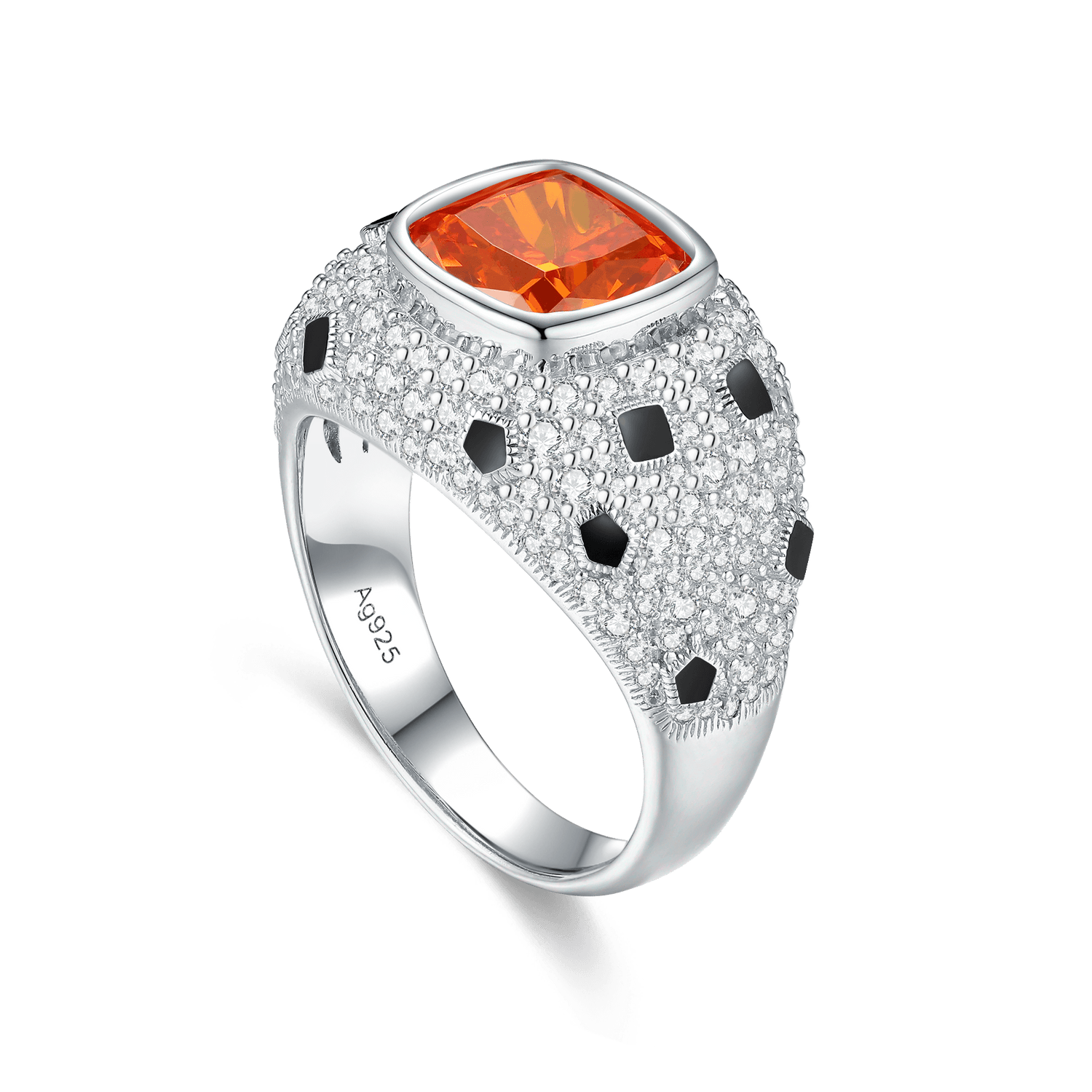 Dome-shaped ring with faux diamond pave, adorned with black enamel spots resembling leopard print. Centered with a vibrant orange gemstone.