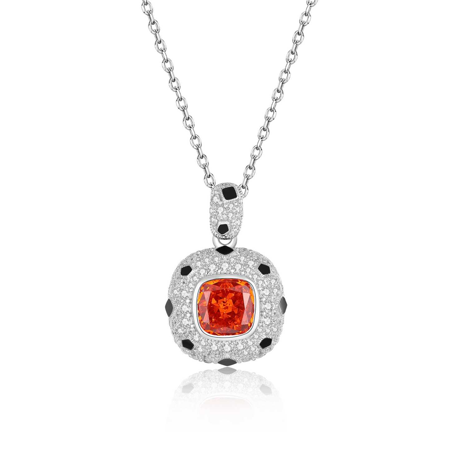 Silver necklace with a semi-circular pendant adorned with faux diamonds, accented with black enamel resembling leopard spots, and featuring a central orange gemstone. Our collection features necklaces that are uniquely designed and exude luxury.