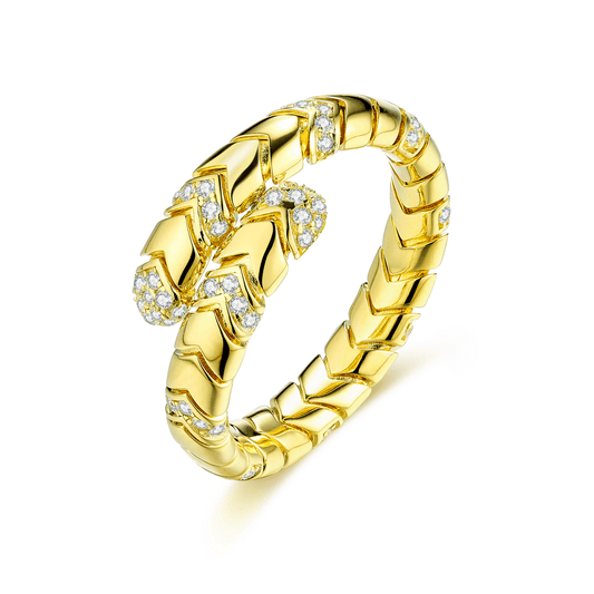 Exquisitely crafted gold-toned silver ring with segmented design, individually polished sections connected by a steel component, 18k gold plated, adorned with simulated diamonds.