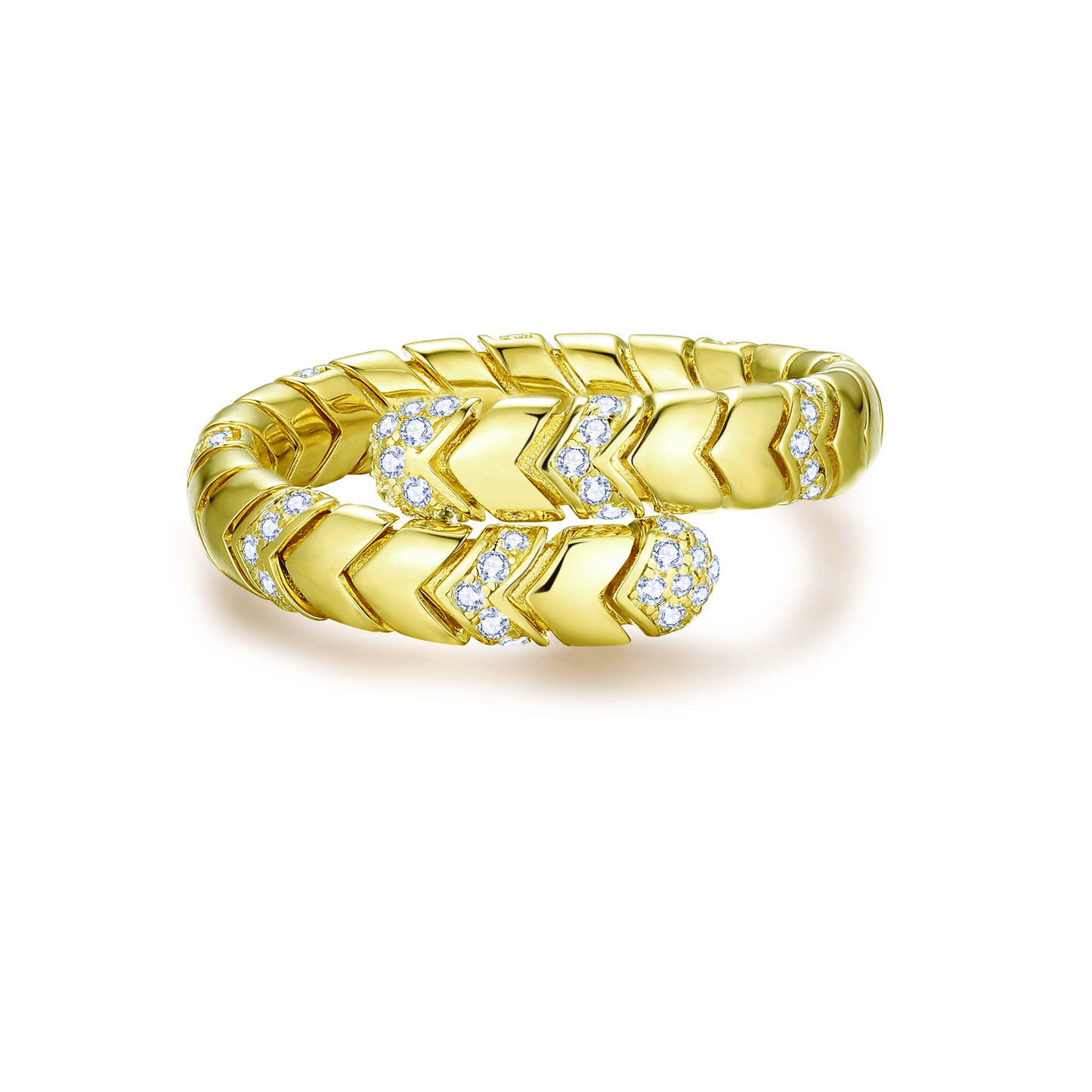  Front view of an exquisite gold-toned silver ring with intricate design, adorned with simulated diamonds.