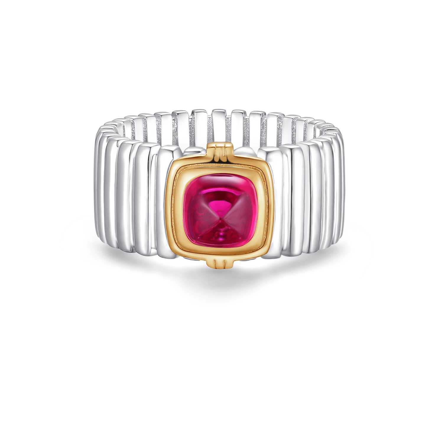 Gold and silver-tone Sugarloaf cabochon ruby ring. The main ruby stone is flawlessly bezel-set within polished gold-tone surrounds, with the band further adorned by delicate ribbed detailing.