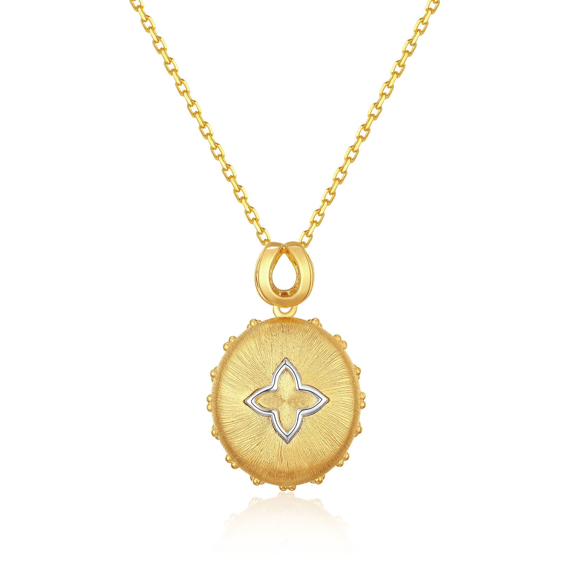 Capture the essence of elegance with a gold oval pendant featuring meticulously carved parallel lines, creating a silky texture on the metal surface. The pendant's center reveals a silver quatrefoil design.