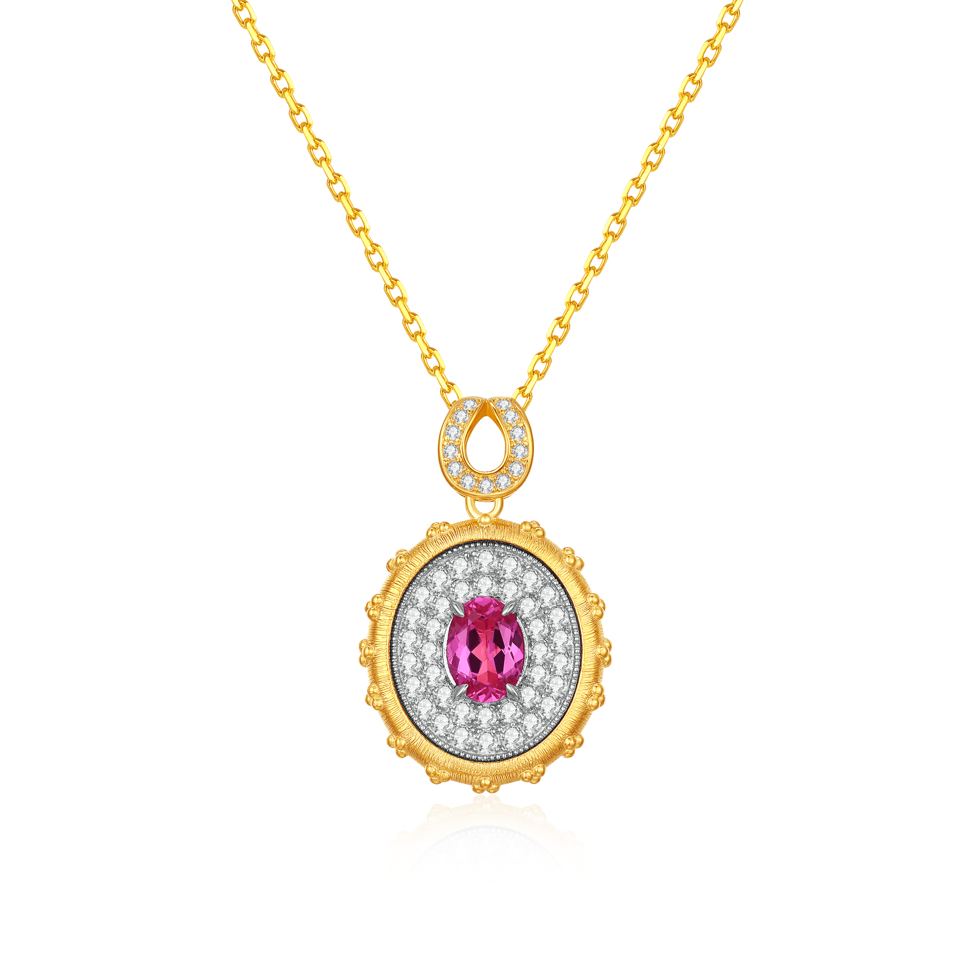 Elevate your style with a gold oval pendant adorned with pave setting, showcasing a central pink simulated ruby gemstone, adding a touch of glamour and sophistication.