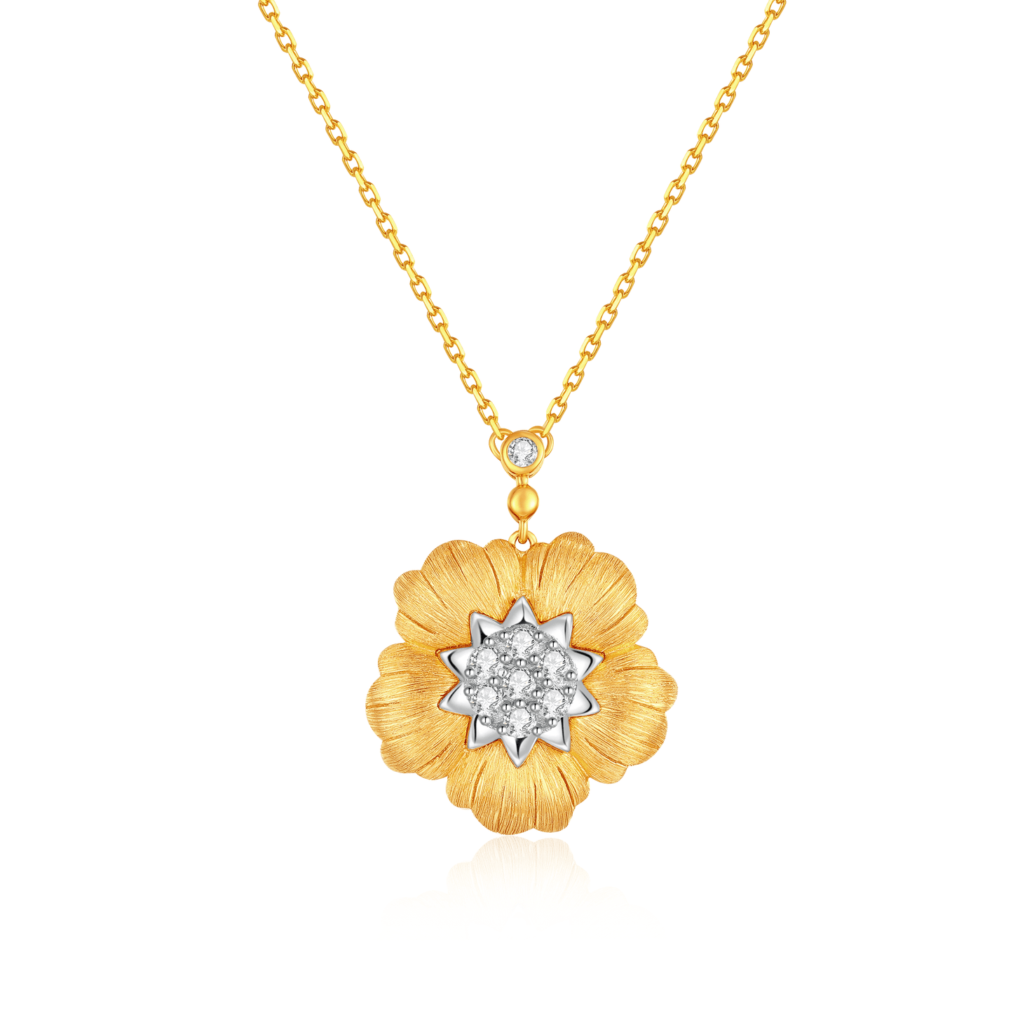 Captivating Gold-Tone Blossom Necklace with Simulated Diamond Centerpiece.