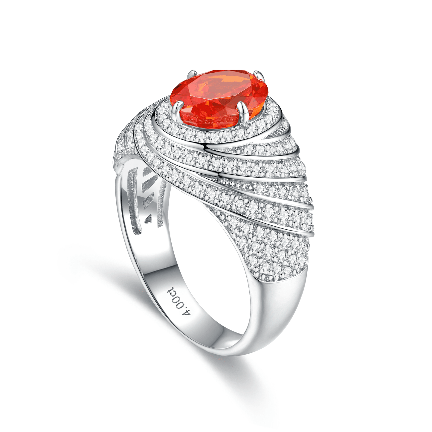 Fiery burst of energy: Mandarin Garnet Spiral Ring adorned with simulated diamonds for a captivating play of light.