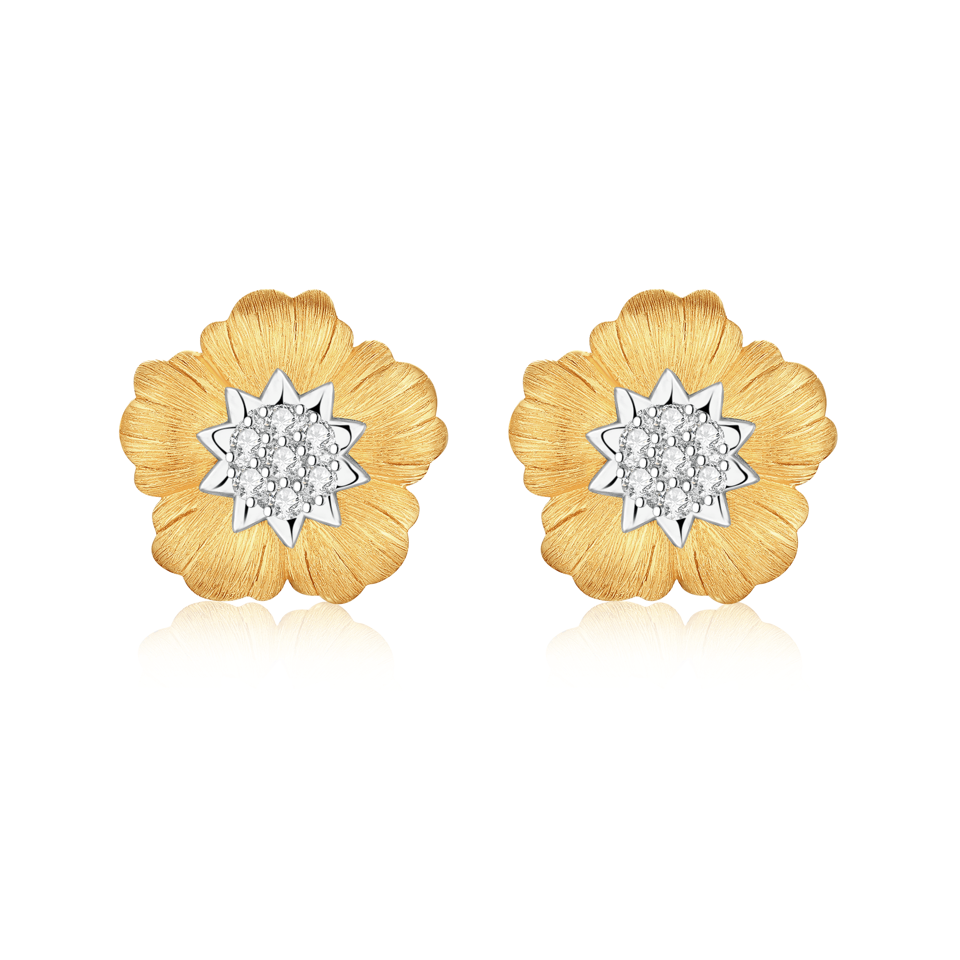 Frontal view showcasing Gold Tone Blossom Earrings with faux diamond center and silver embellishments.