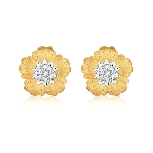 Frontal view showcasing Gold Tone Blossom Earrings with faux diamond center and silver embellishments.