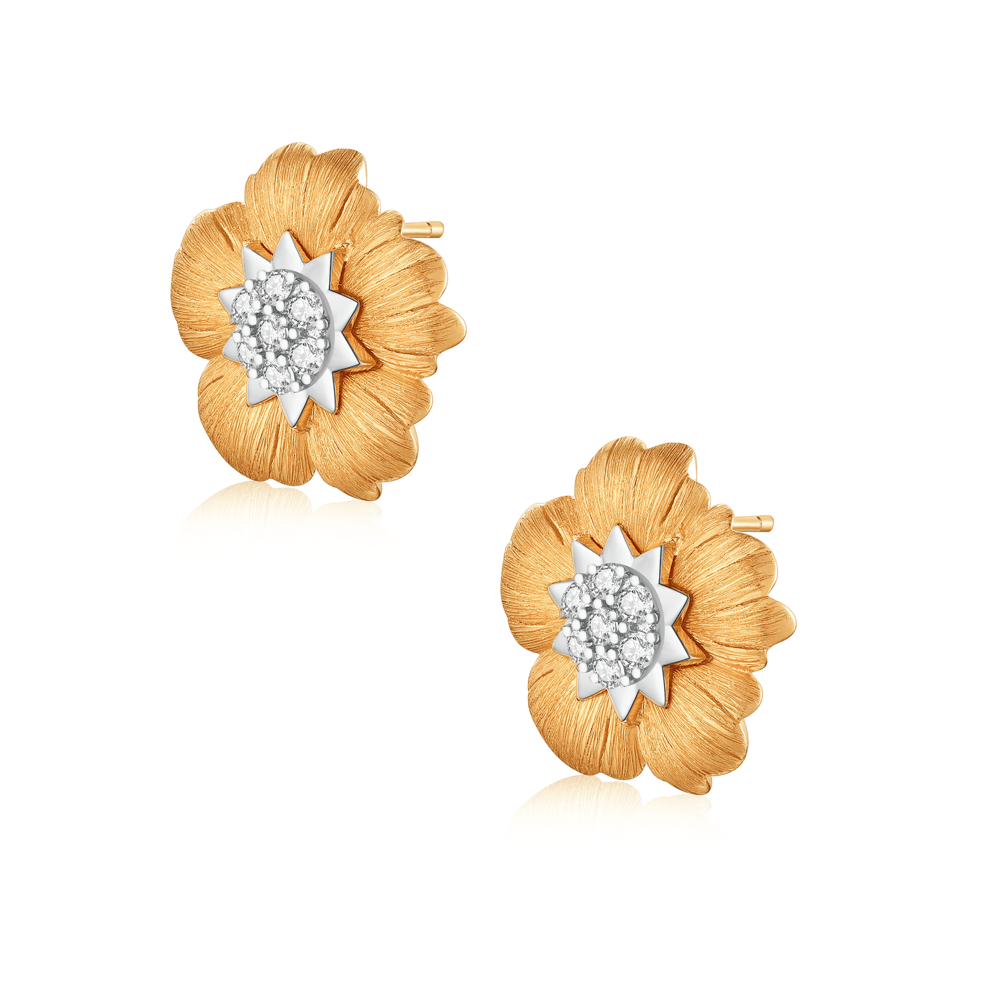 Detailed side view of Gold Tone Blossom Earrings with sparkling faux diamonds and silver accents.