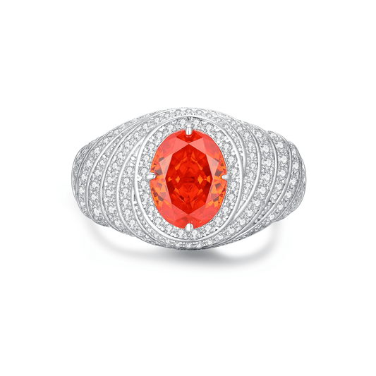 Elegant Mandarin Garnet Spiral Ring with Brilliant Simulated Diamonds