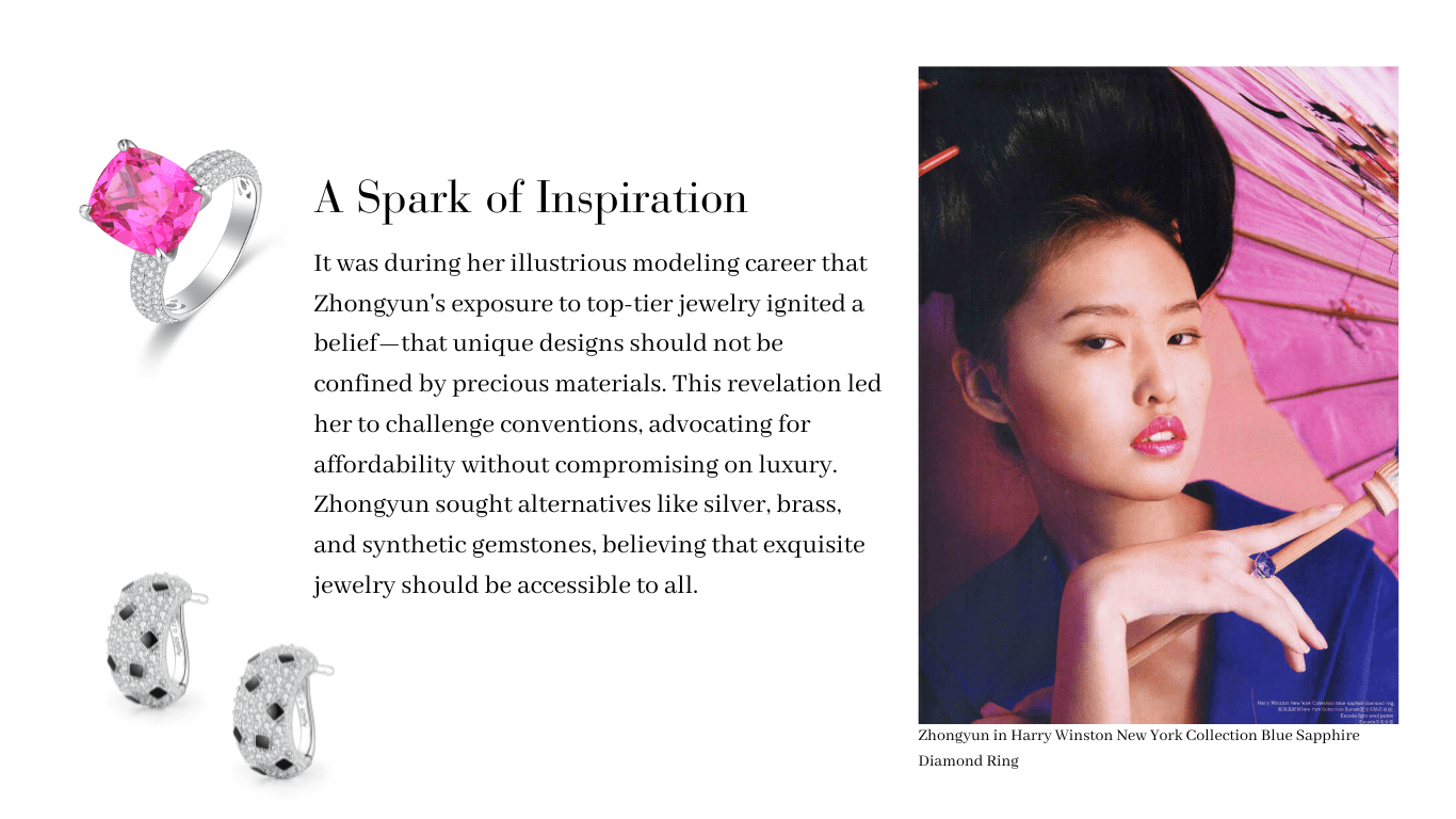 Image: Zhongyun Zhang Li, a former renowned model, inspired by top-tier jewelry during her modeling career. She challenges conventions, advocating for affordable luxury. Zhongyun explores alternatives like silver, brass, and synthetic gemstones, making exquisite jewelry accessible to all.