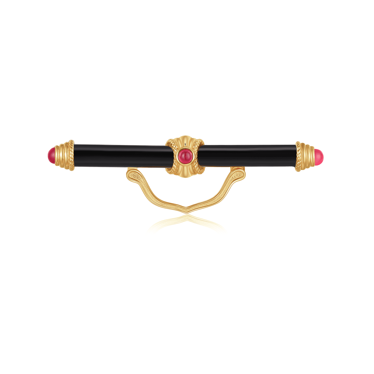 Versatile Adapta Onyx Brooch: Black, Gold, and Red Gemstones