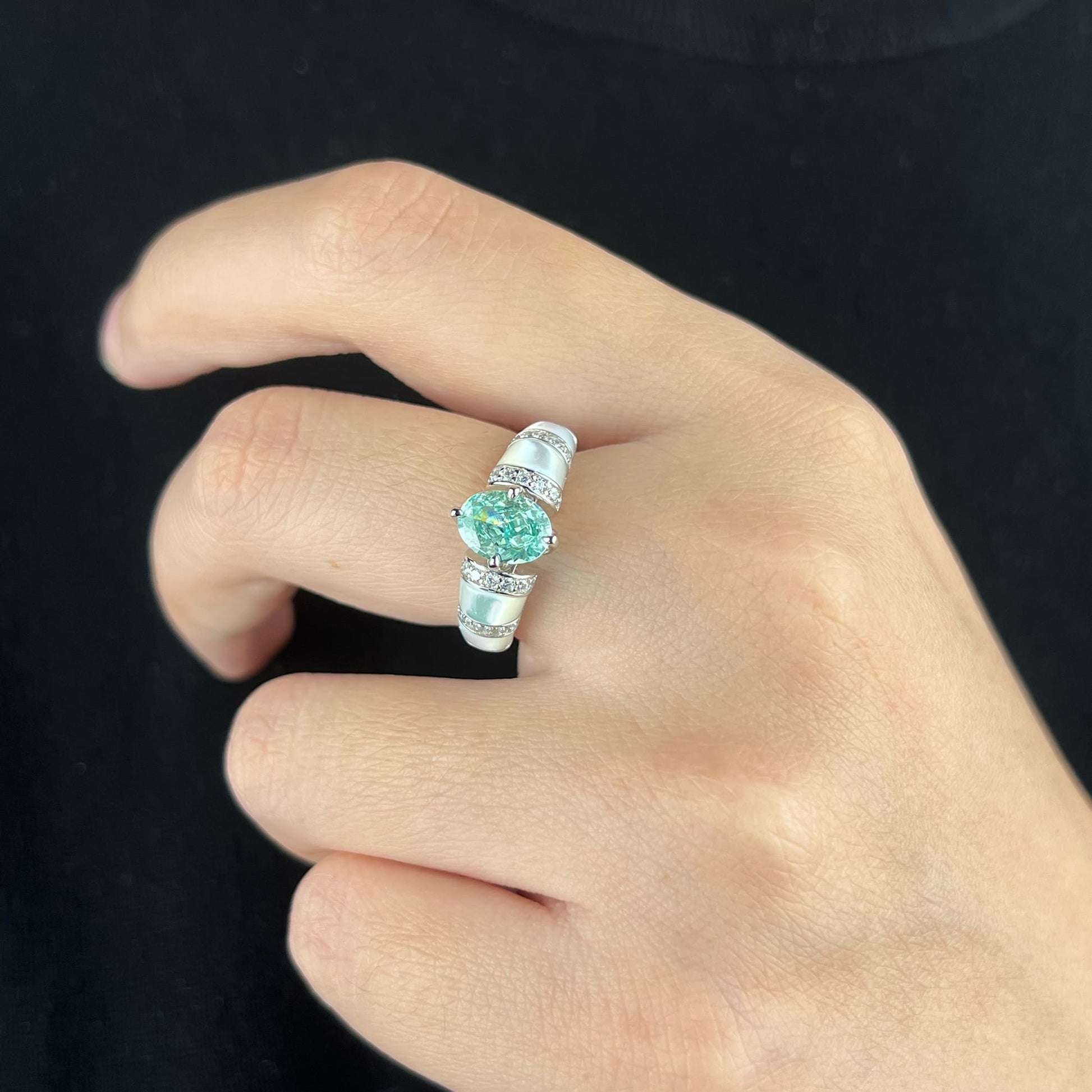 Close-up of Azure Serenity Ring showcasing hand-cut Mother-of-pearl