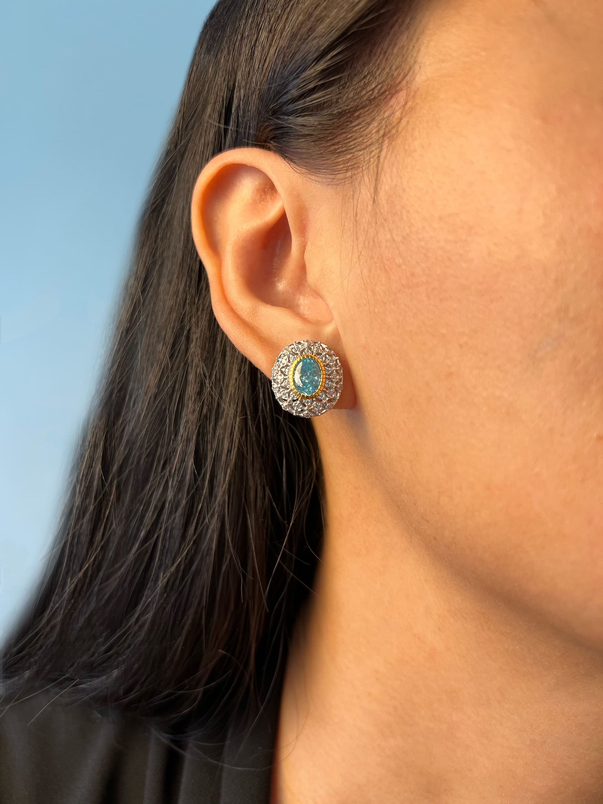 Close-up of Sapphire Serenade Earrings with Fancy Blue gemstones