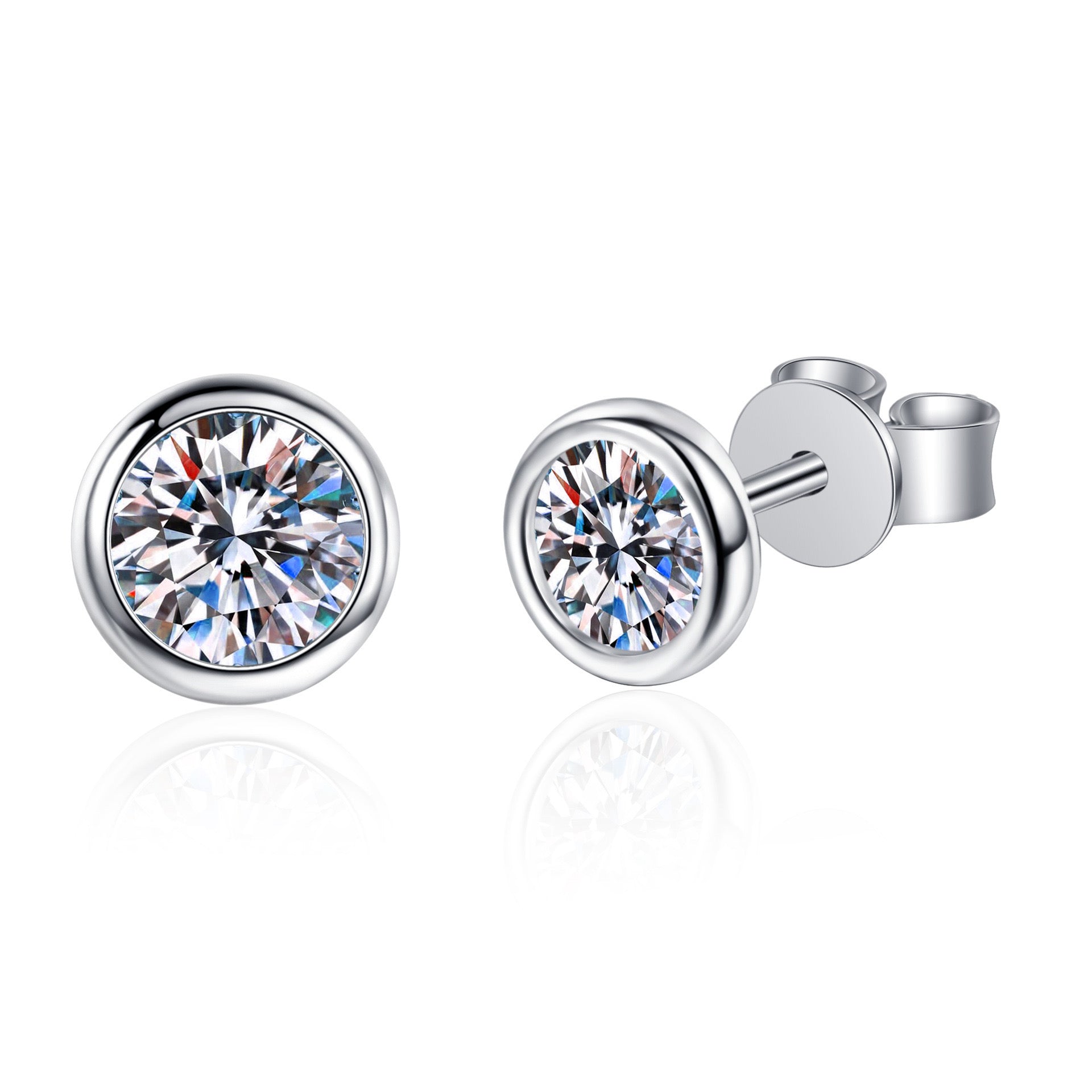 Close-up of Bezel Stud Earrings in rhodium-plated silver