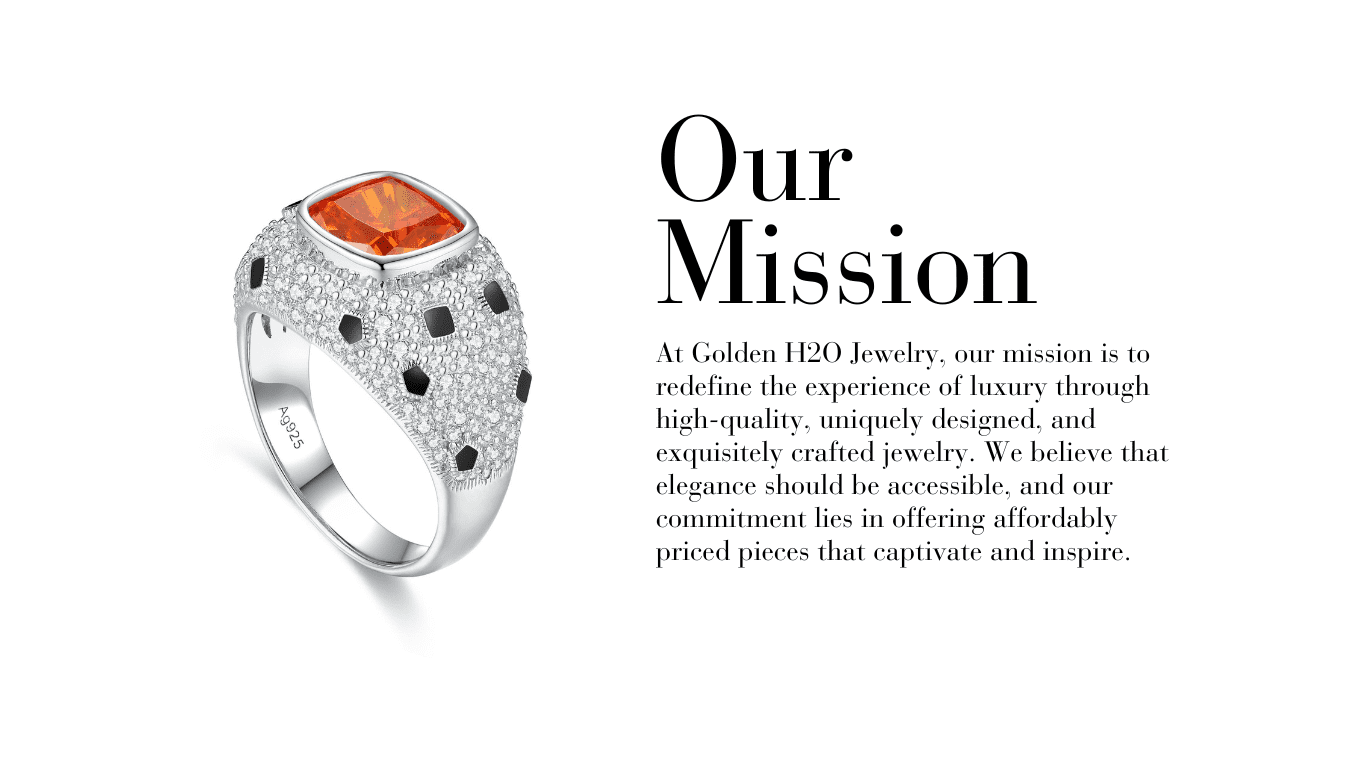 A text graphic with the title 'Our Mission' for Golden H2O Jewelry. The text reads: 'At Golden H2O Jewelry, our mission is to redefine the experience of luxury through high-quality, uniquely designed, and exquisitely crafted jewelry. We believe that elegance should be accessible, and our commitment lies in offering affordably priced pieces that captivate and inspire.'