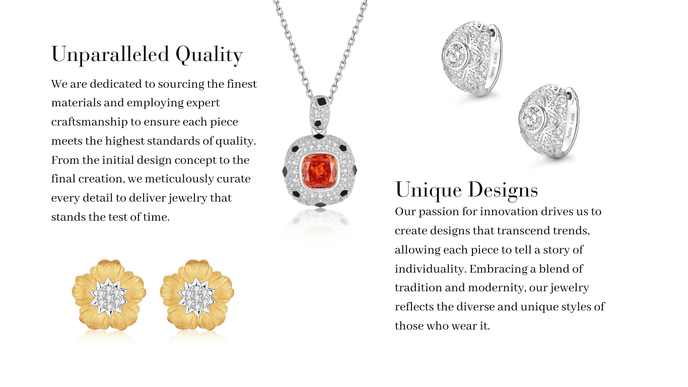 Meticulously crafted jewelry showcasing unparalleled quality through the finest materials and expert craftsmanship. An array of unique designs reflects individuality, innovation, and a harmonious blend of tradition and modern style, allowing each piece to tell a story of timeless elegance.