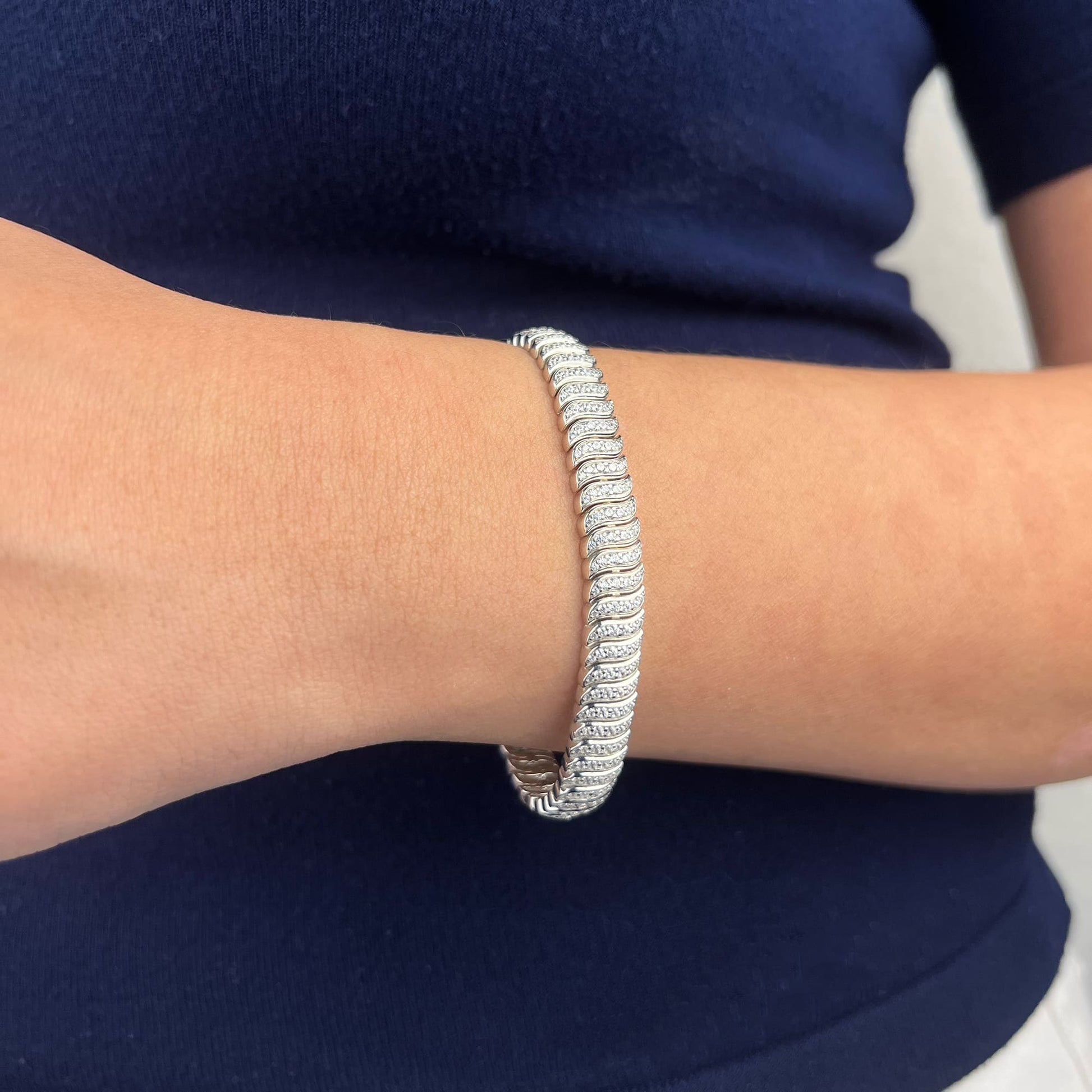 Close-up of Pave Twisted Silver Bracelet showcasing impressive craftsmanship