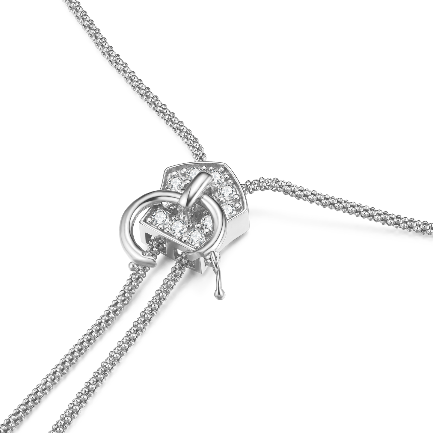 Close-up of the stylish zipper necklace, a perfect accessory for endless pendant combinations.